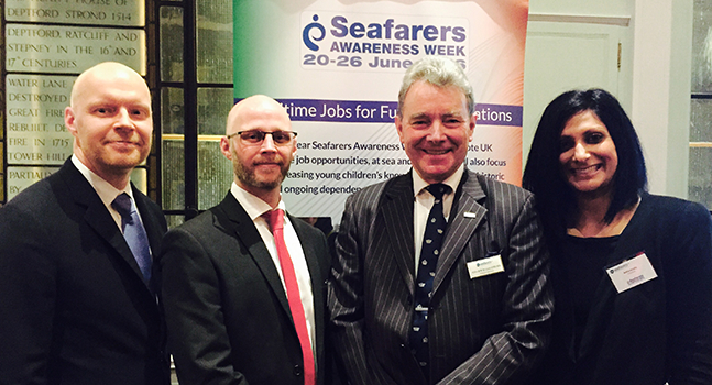 L-R: Timo Toivanen and John Dodd, Inmarsat Maritime; Commodore Barry Bryant CVO RN Director General of Seafarers UK; Rekha Voralia, Inmarsat Maritime.
