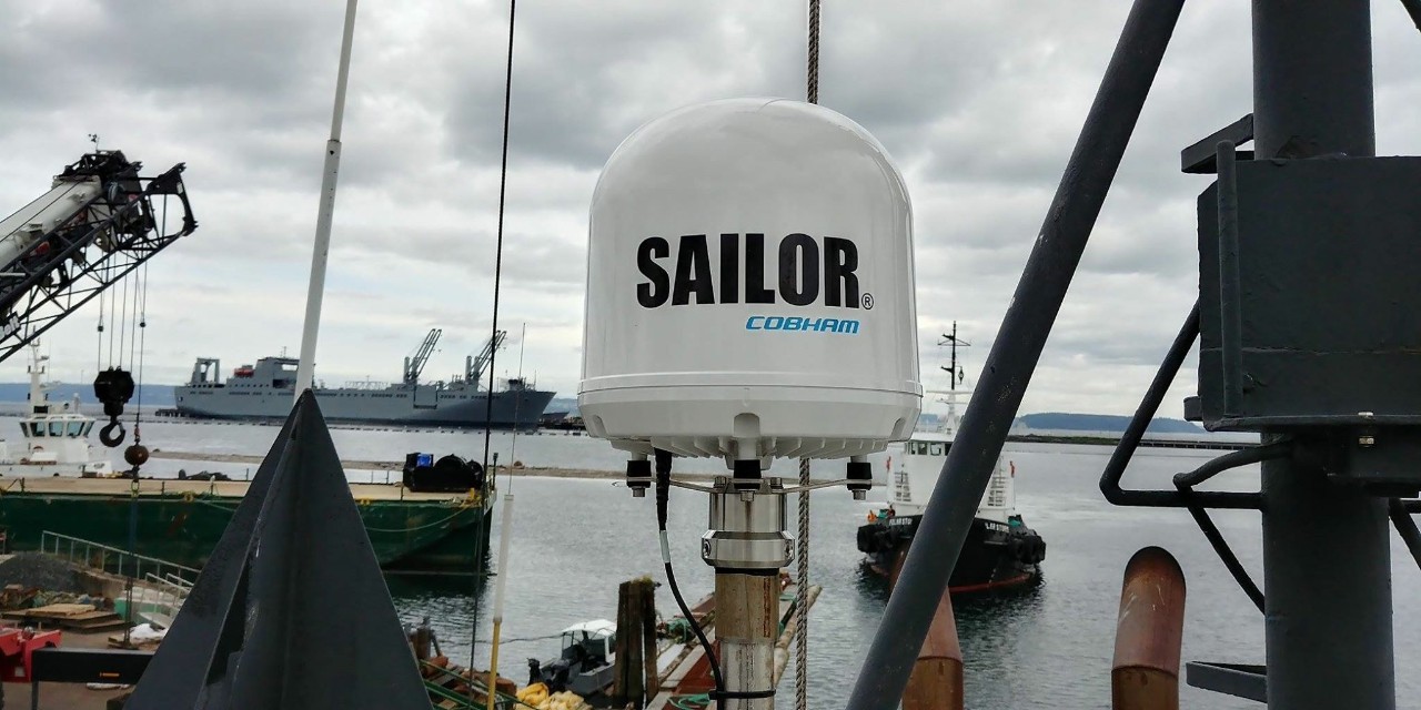 A Cobham Sailor terminal for Fleet One being installed on Dunlap's fleet