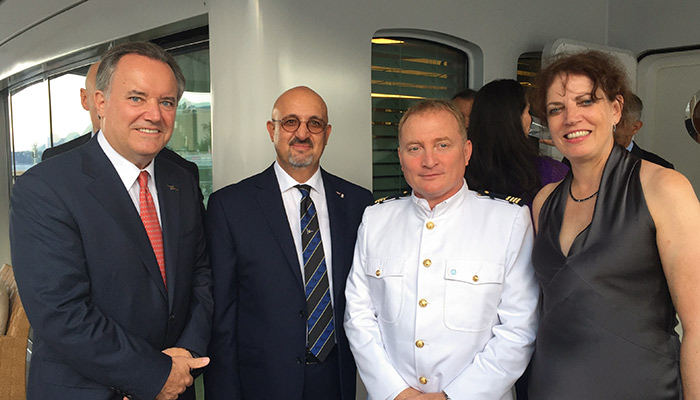 L-R: Andrew Sukawaty, Chairman of Inmarsat; Dr. Ilhami Aygun, President & CEO of SSI-Monaco; Captain Jean Dumarais of The Yersin; and Alison Horrocks, Chief Corporate Affairs Officer & Company Secretary of Inmarsat.