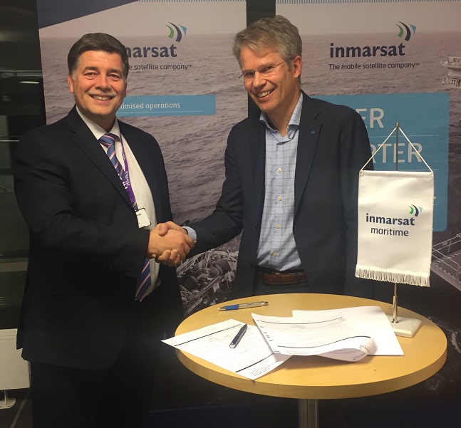 Ronald Spithout, President of Inmarsat Maritime with Per Magne Eggesbo, CEO of Eros A/S at the signing ceremony.