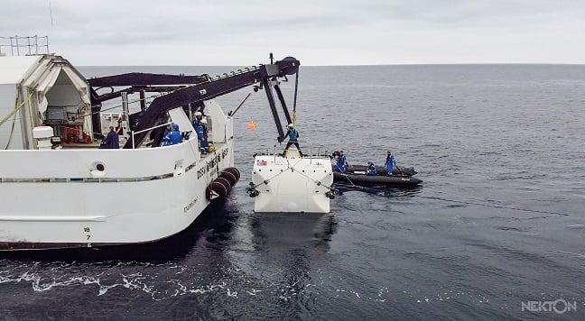 A submersible being launched from Nekton research vessel Pressure Drop