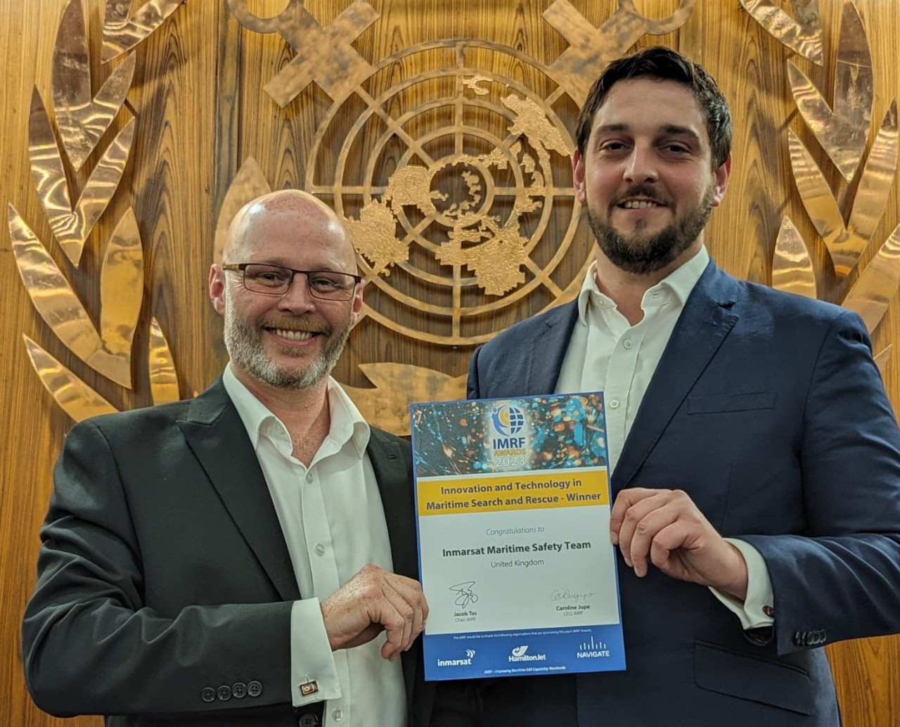 John Dodd, Director of Safety Services and Roger Barry, Safety Engineering Manager, Inmarsat Maritime, with the IMRF Award certificate