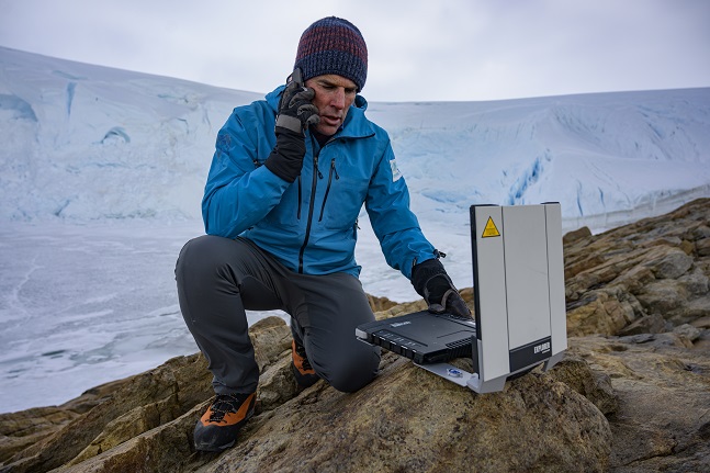 Lewis Pugh is pictured in the Antarctic with a Cobham EXPLORER 710 terminal